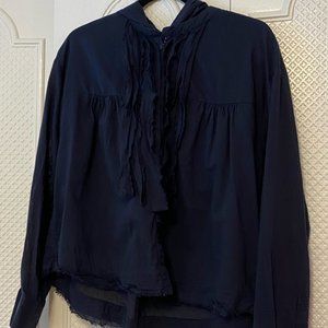 Free People Navy Blue Cotton Voile Blouse Raw Edging Size Small